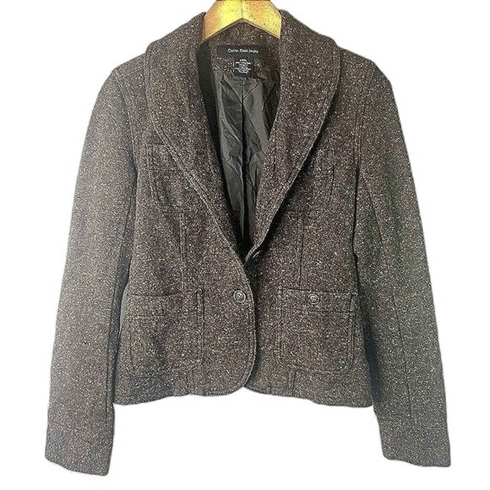 Calvin Klein Jeans Tweed Business Blazer Brown Wool Blend Shawl Lapel Sz Small